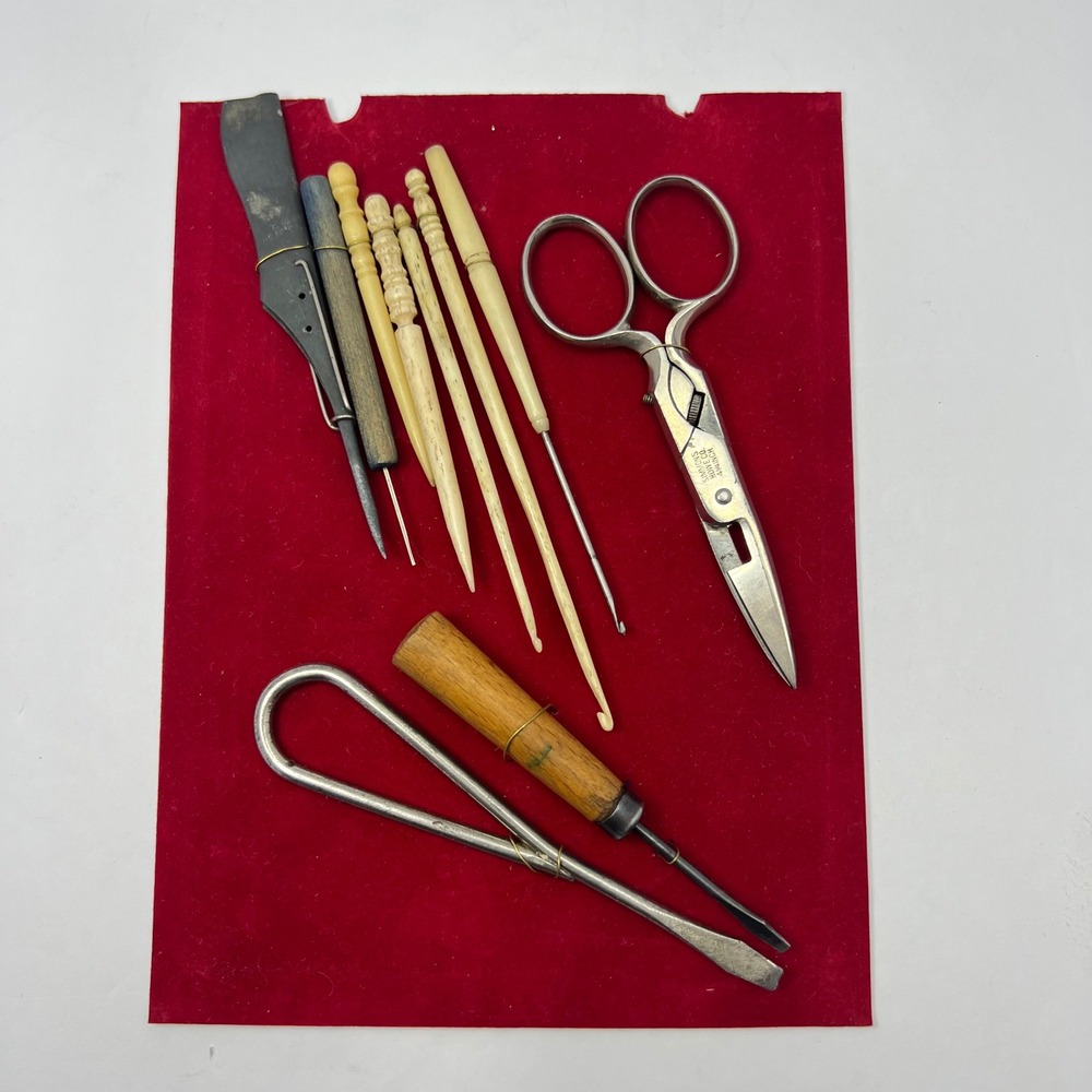 Antique Sewing Tools Mixed Lot 11pc Collectible Vintage Scissors Hooks Awl Craft